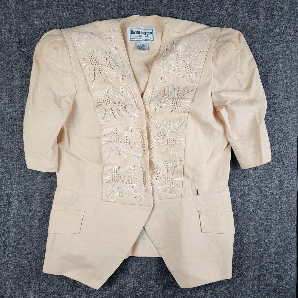 Donna‎ Morgan Blazer Womens 9/10 Peach Vintage Linen Cotton Eyelet Floral Puffed
